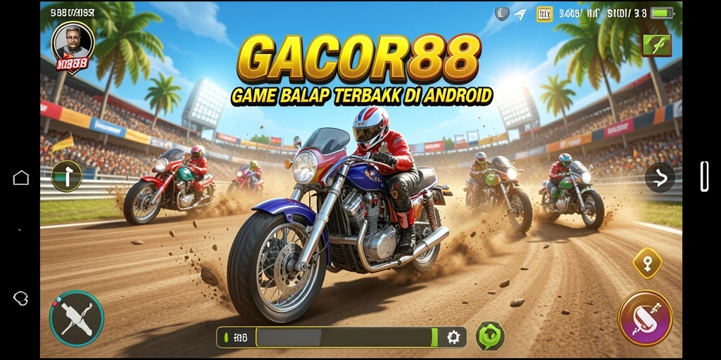Screenshot gameplay GACOR88 menunjukkan mobil balap melaju kencang di trek.