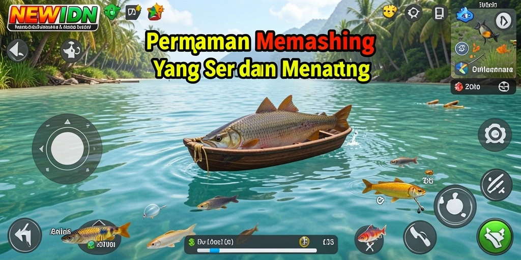 Tampilan gameplay NEWIDN yang menegangkan saat memancing ikan besar.